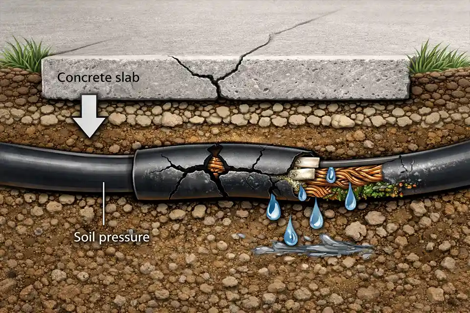 Cross-section diagram showing how underground lighting cable can fail beneath a concrete walkway.