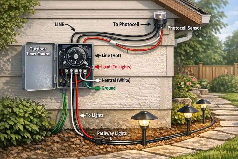Outdoor lighting timer wiring diagram showing line and load connections.