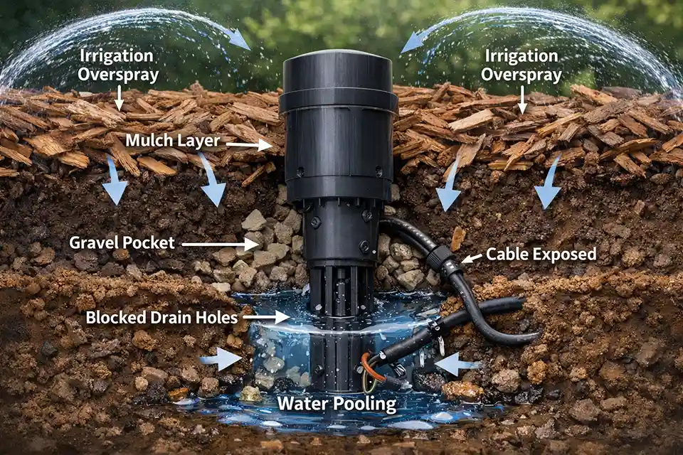 Cross-section showing how water collects around a landscape light in a garden bed and enters through the base.