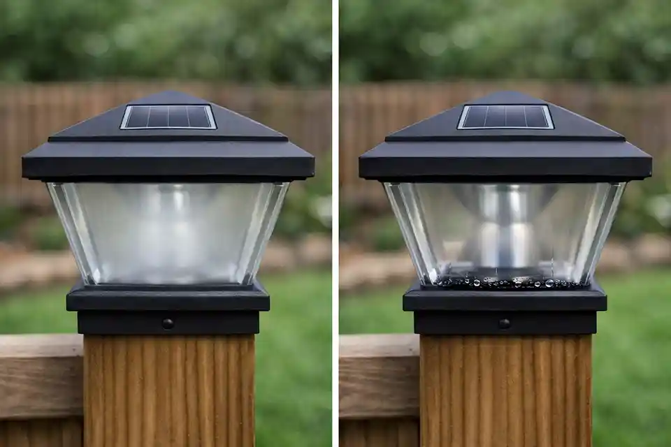 Side-by-side comparison of a fence post light with mild temporary fogging versus one with visible water droplets and streaks from true intrusion