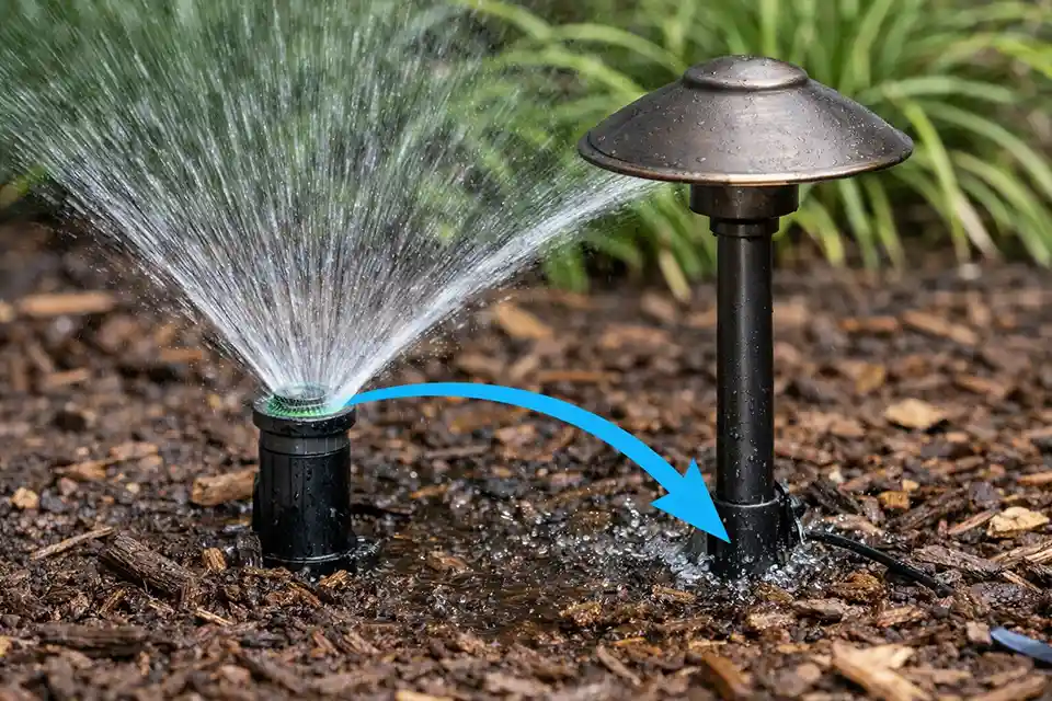 Landscape path light beside a sprinkler with overlay showing the spray path hitting the stem and base wiring area