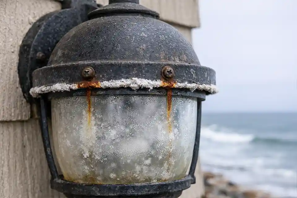 Close-up of a coastal outdoor lantern with rust streaks, trapped moisture in the lens, and salt buildup at the seam.