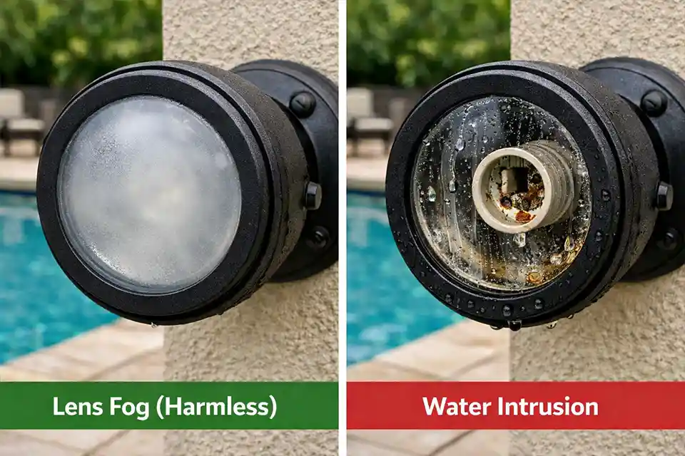 Comparison of harmless condensation versus real water intrusion inside a poolside outdoor light fixture