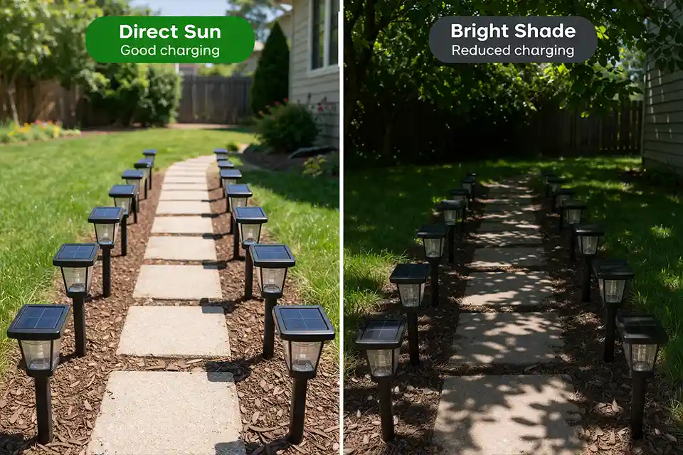Comparison of identical solar pathway lights in full midday sun and under dense tree shade showing the charging difference