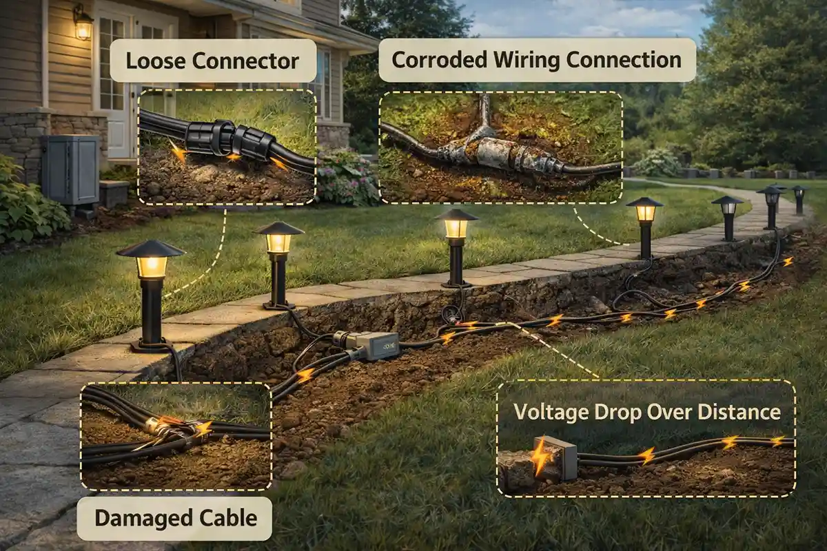 Comparison diagram showing several possible causes of outdoor lights not working on one side of a yard including wiring damage, corrosion, and voltage loss.