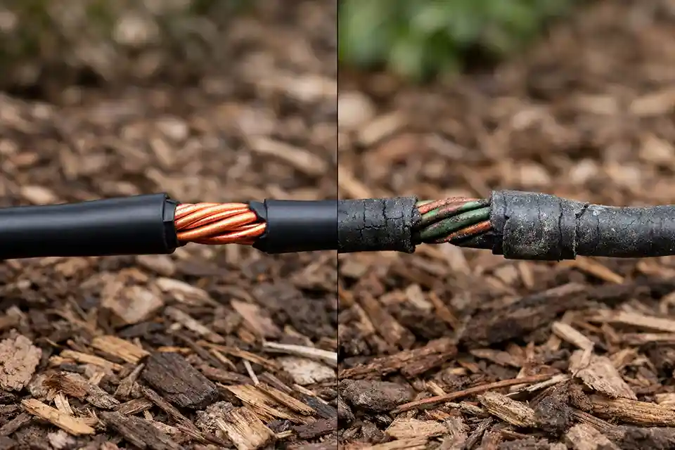 Comparison of healthy outdoor lighting cable and aging brittle cable with oxidized copper conductors