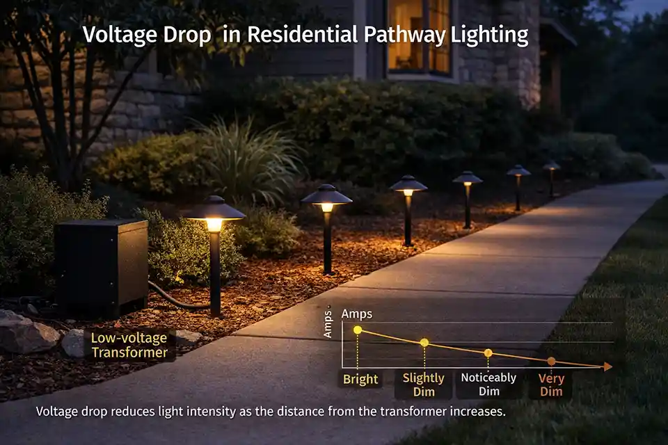 Comparison of healthy outdoor pathway lighting and far-end dimming caused by voltage drop