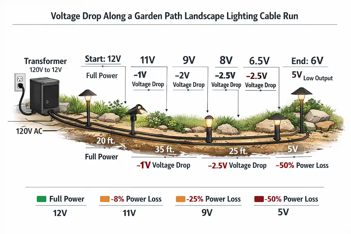 Diagram illustrating voltage drop in outdoor landscape lighting wiring
