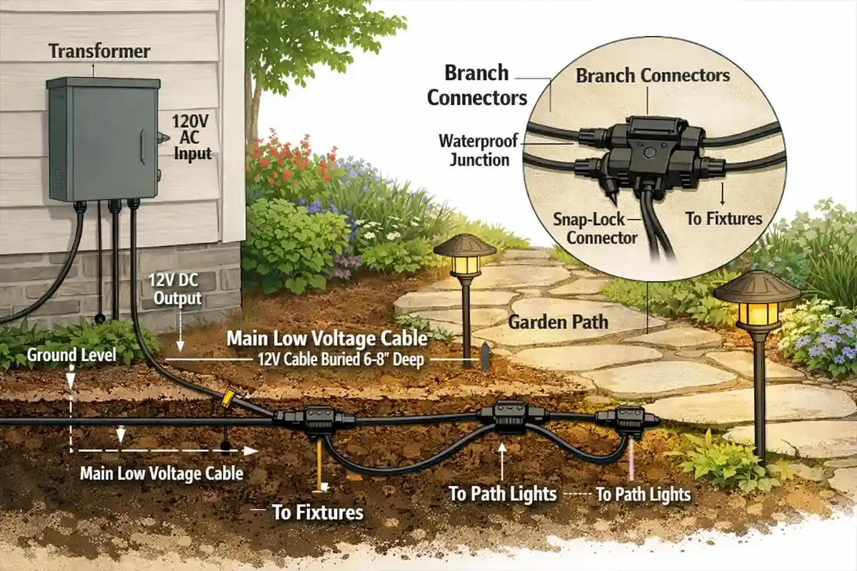 Diagram showing transformer and cable layout in outdoor landscape lighting system