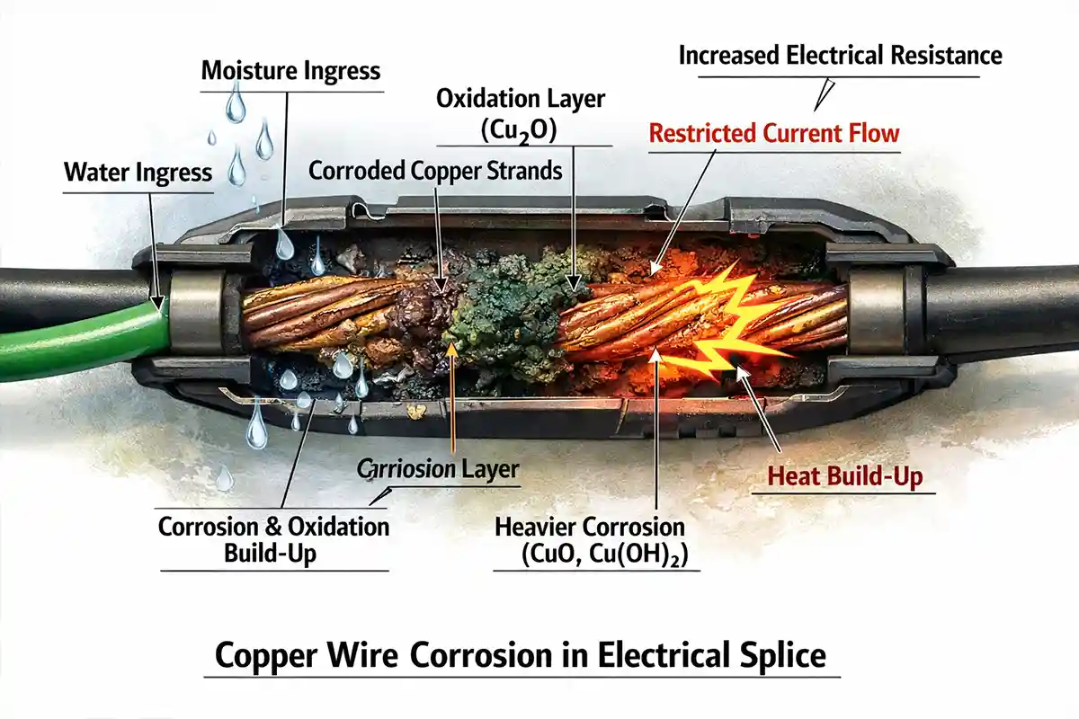 Diagram showing how moisture causes corrosion and resistance buildup in outdoor wire splice connections.