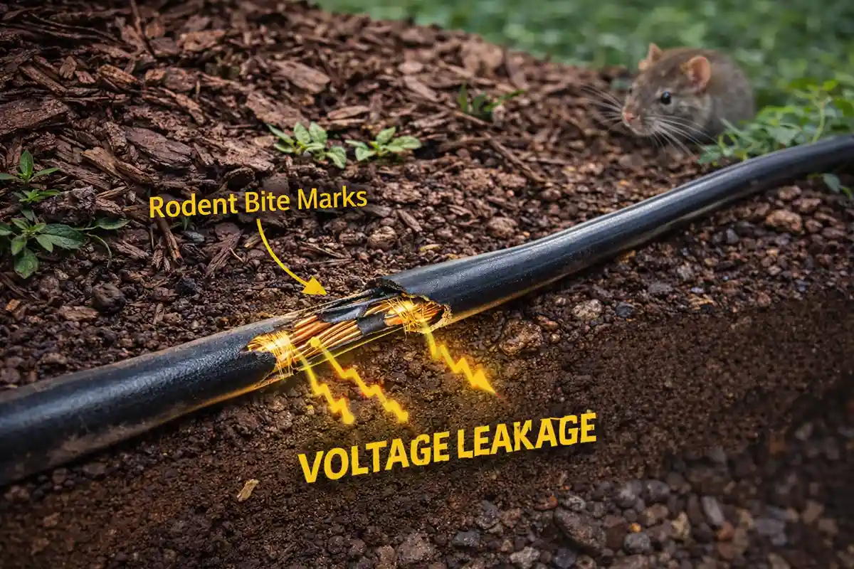 Diagram showing rodent chew damage exposing copper in underground lighting cable.