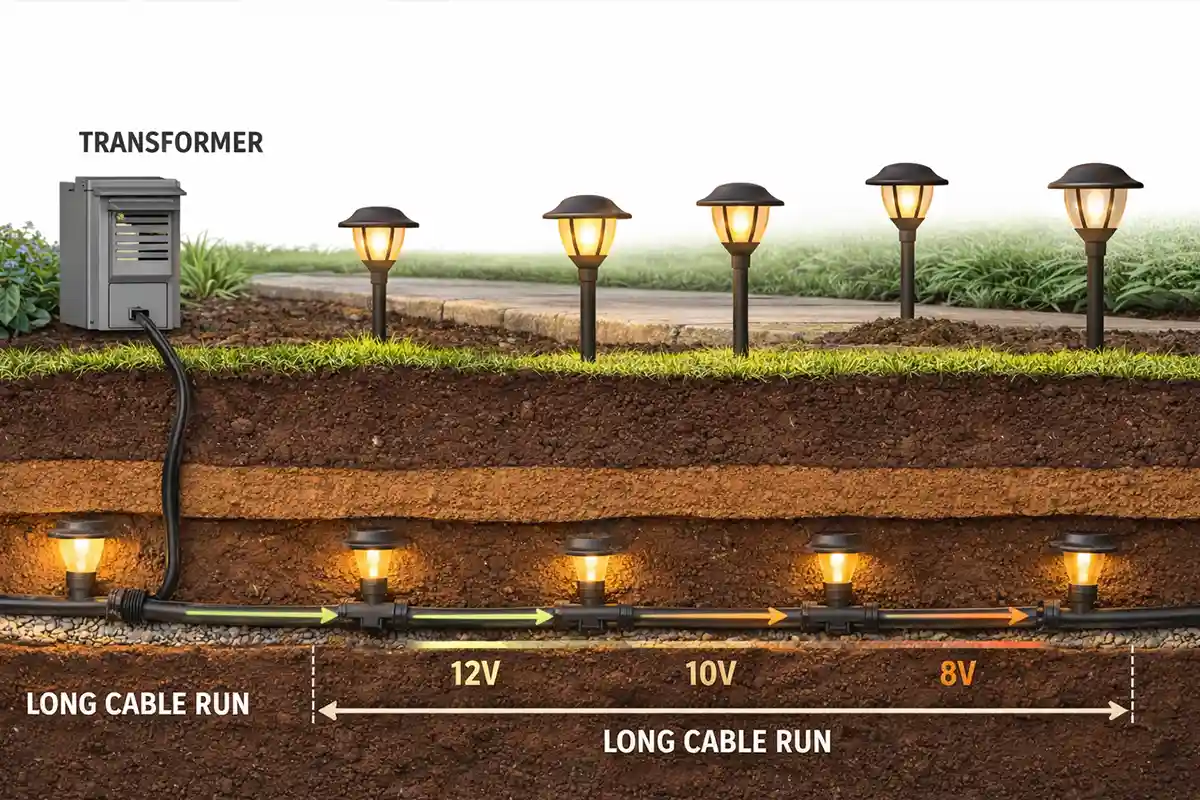 Diagram explaining how a shovel cut in underground landscape lighting cable stops power to pathway lights.
