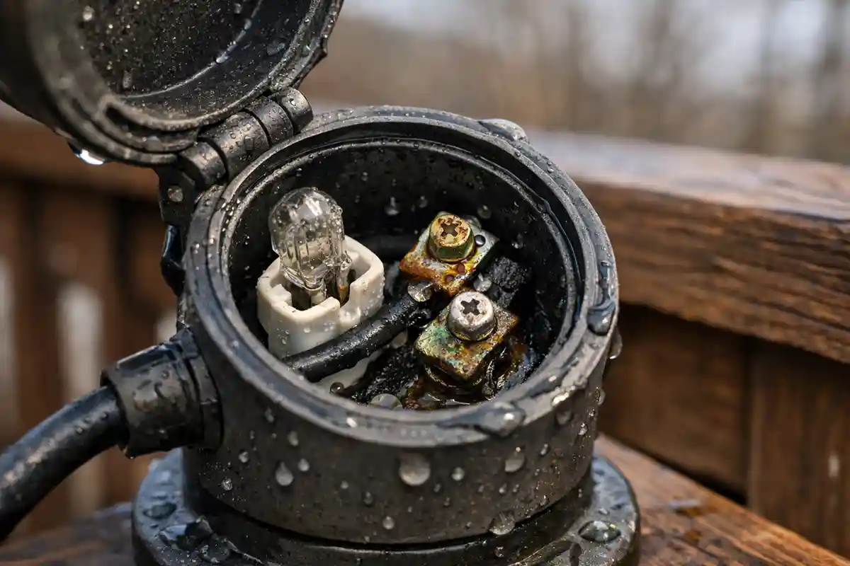 Moisture and corrosion inside outdoor deck light fixture after winter.