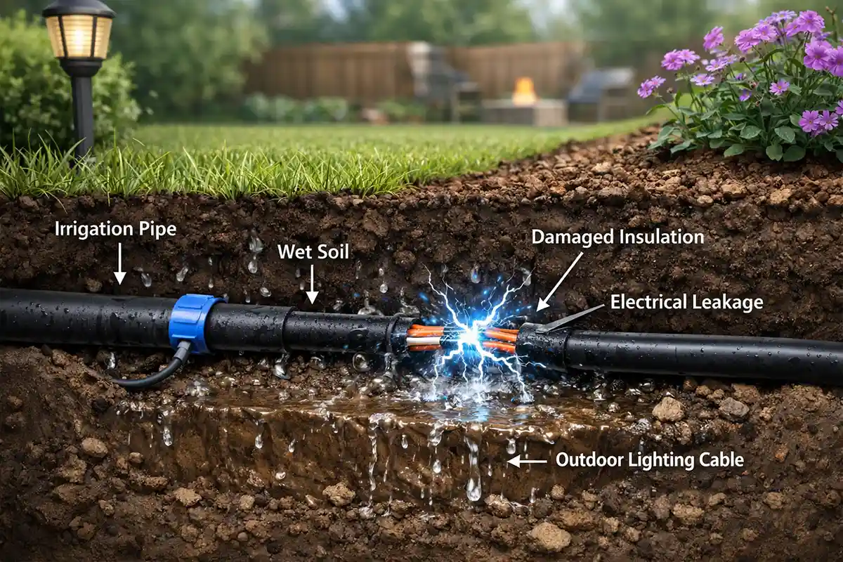 Diagram showing electricity leaking from damaged landscape lighting cable in wet soil during irrigation.