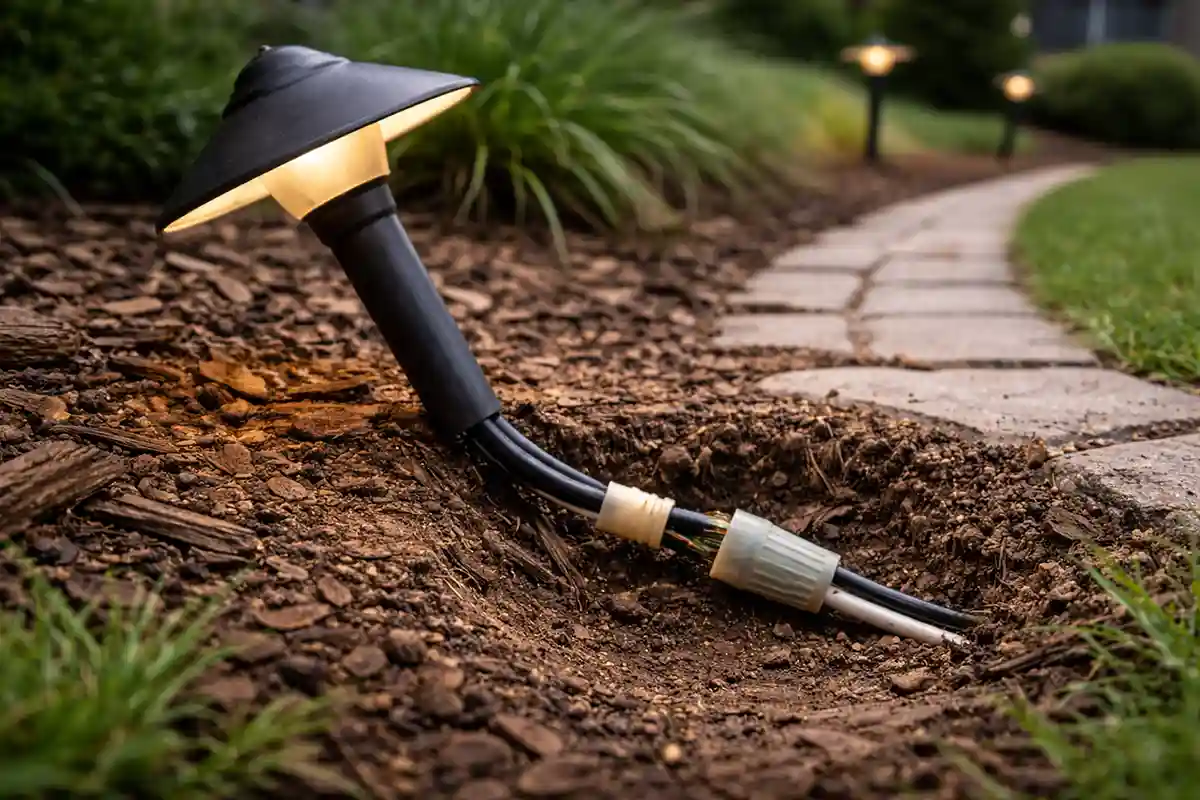 Tilted low-voltage path light with exposed splice and stretched cable in a shallow trench beside a residential walkway at dusk.