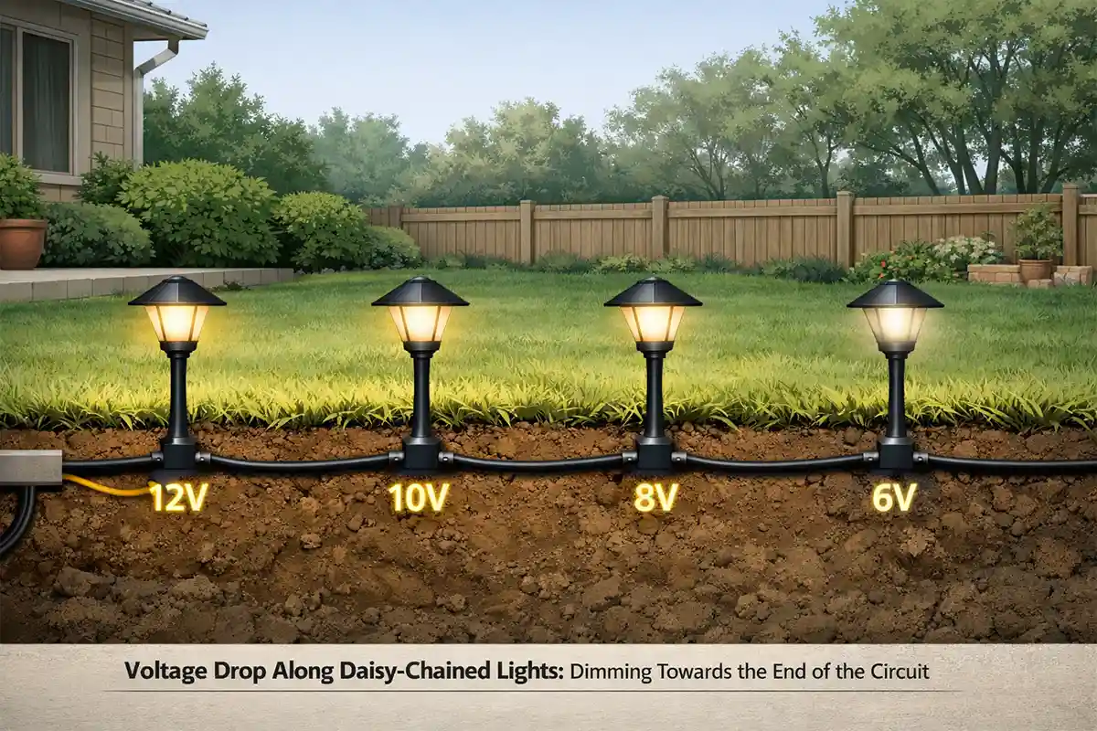 Diagram showing a daisy-chain outdoor lighting wiring layout with brightness gradually decreasing toward the end of the cable run.