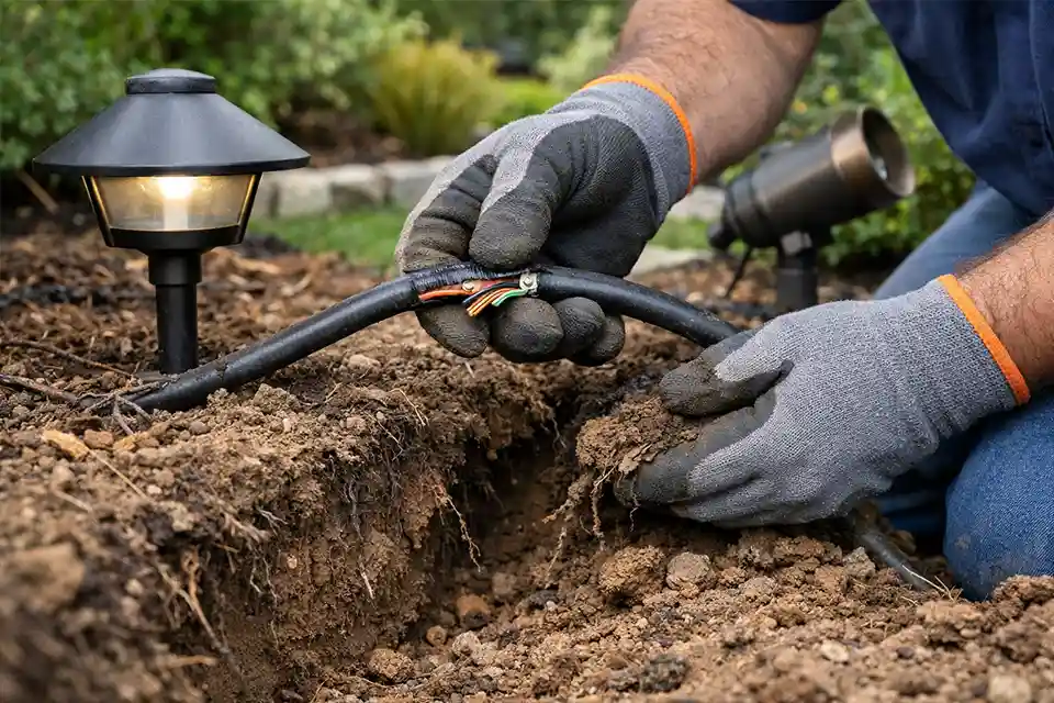 Damaged underground outdoor lighting cable causing power loss to landscape lights.