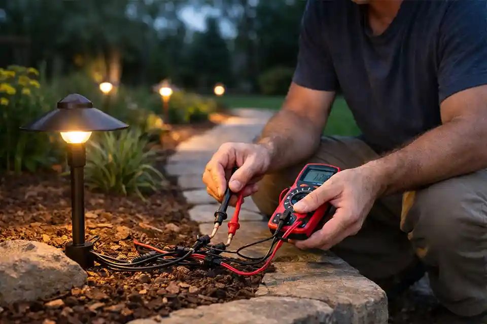 Testing voltage on landscape lighting wires near a walkway to locate power loss.