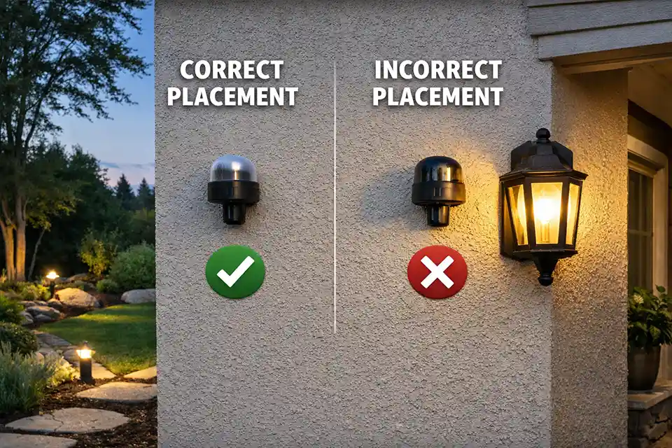 Correct vs incorrect placement of outdoor lighting photocell sensor.