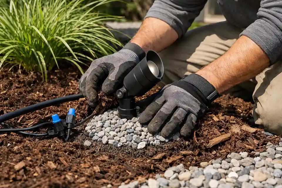 Technician raising a landscape light on gravel and clearing mulch to prevent water accumulation in a garden bed.