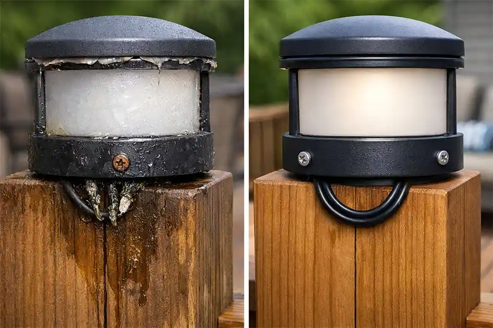 Before and after repair of moisture-damaged outdoor light on a wooden deck post
