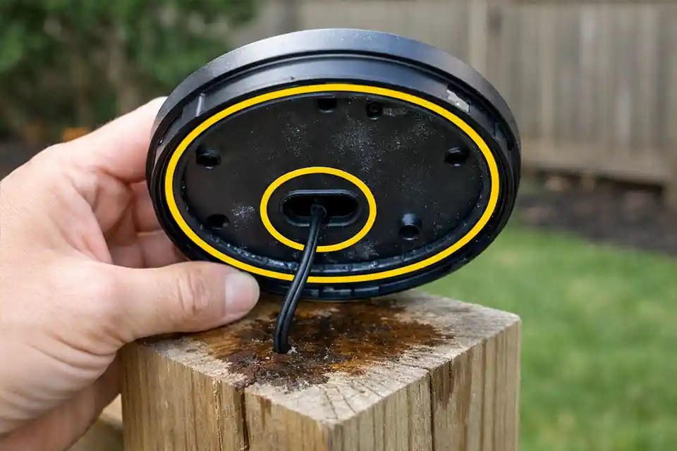 Removed fence post light with overlay highlighting the base gasket and wire entry path that should be inspected and repaired first