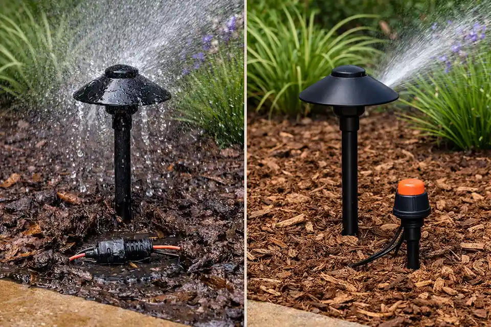 Side-by-side view of an outdoor light being hit by sprinkler overspray versus a corrected setup with adjusted spray pattern and protected dry wiring