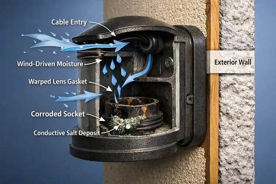 Cutaway diagram of a coastal outdoor light showing moisture entering through the cable entry and gasket and creating corrosion at the socket.