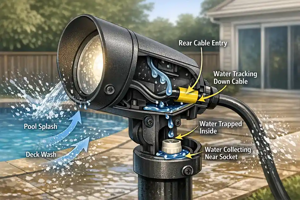 Diagram showing splash water entering a poolside outdoor light through the rear cable entry and collecting near the socket
