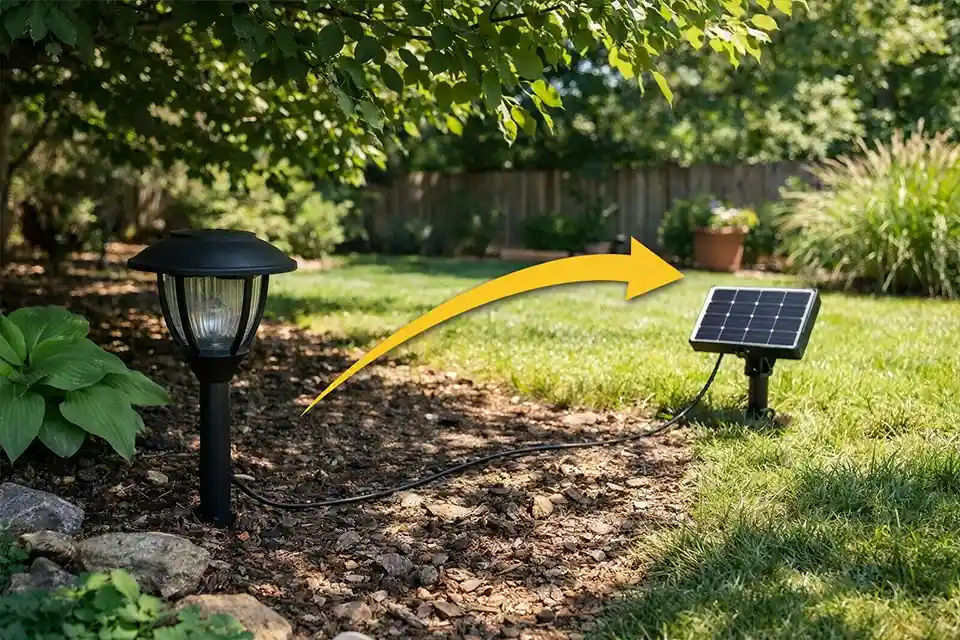 Solar garden light in tree shade with a remote panel relocated into direct sunlight for better charging