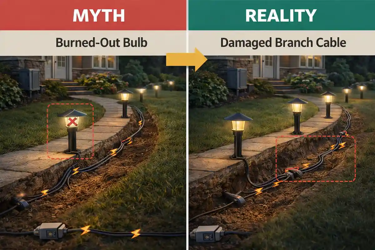 Educational diagram showing the difference between the myth of a burned-out bulb and the real cause of outdoor lights failing due to a damaged branch cable.