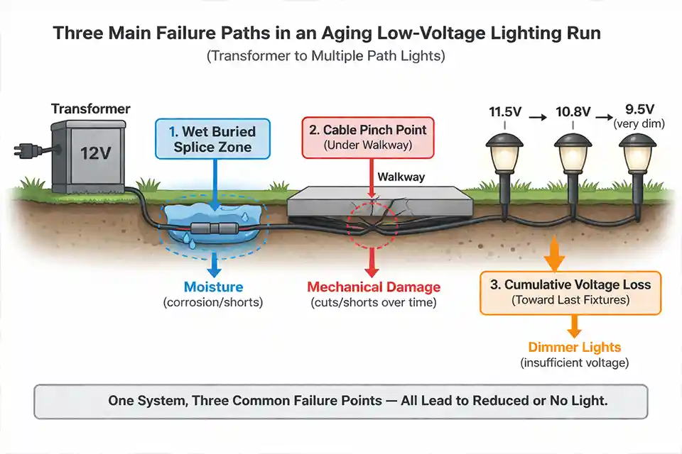 Diagram of three common aging outdoor wiring failure paths including wet splices, cable damage, and voltage loss