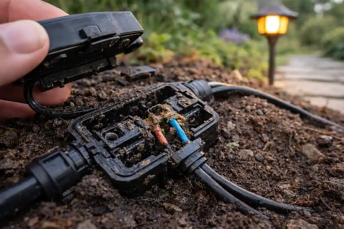 Corroded outdoor lighting wire connector causing intermittent power loss