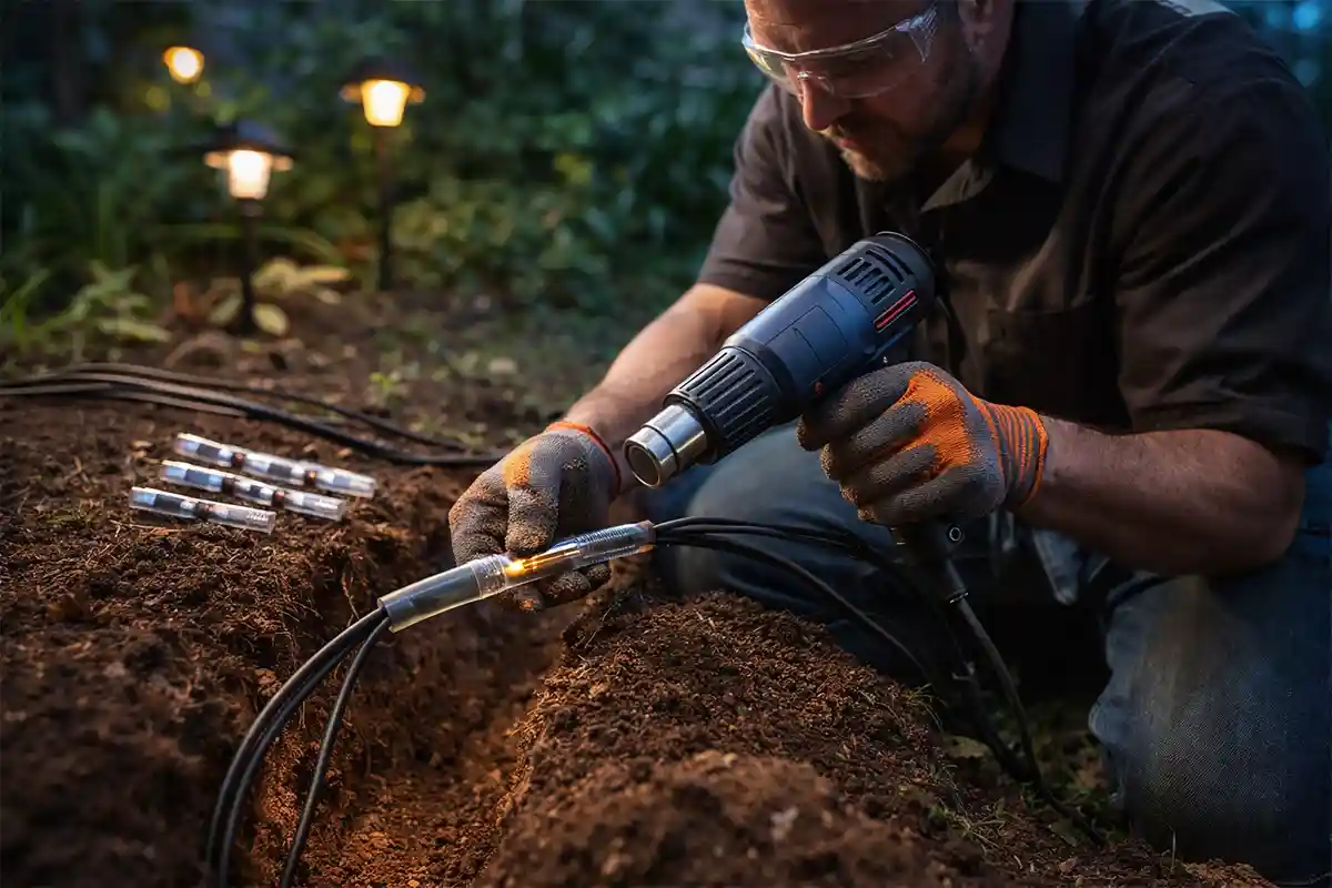 Electrician repairing outdoor landscape lighting cable using waterproof heat shrink splice connector.