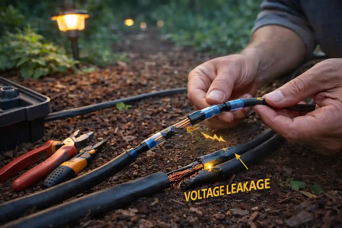 Repairing rodent-chewed outdoor lighting cable with waterproof connectors.