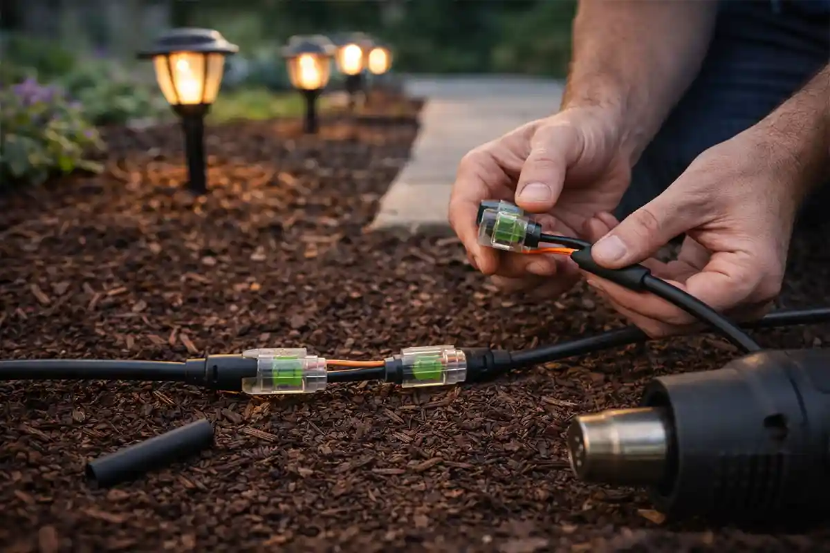 Repairing underground pathway lighting cable using waterproof splice connectors.