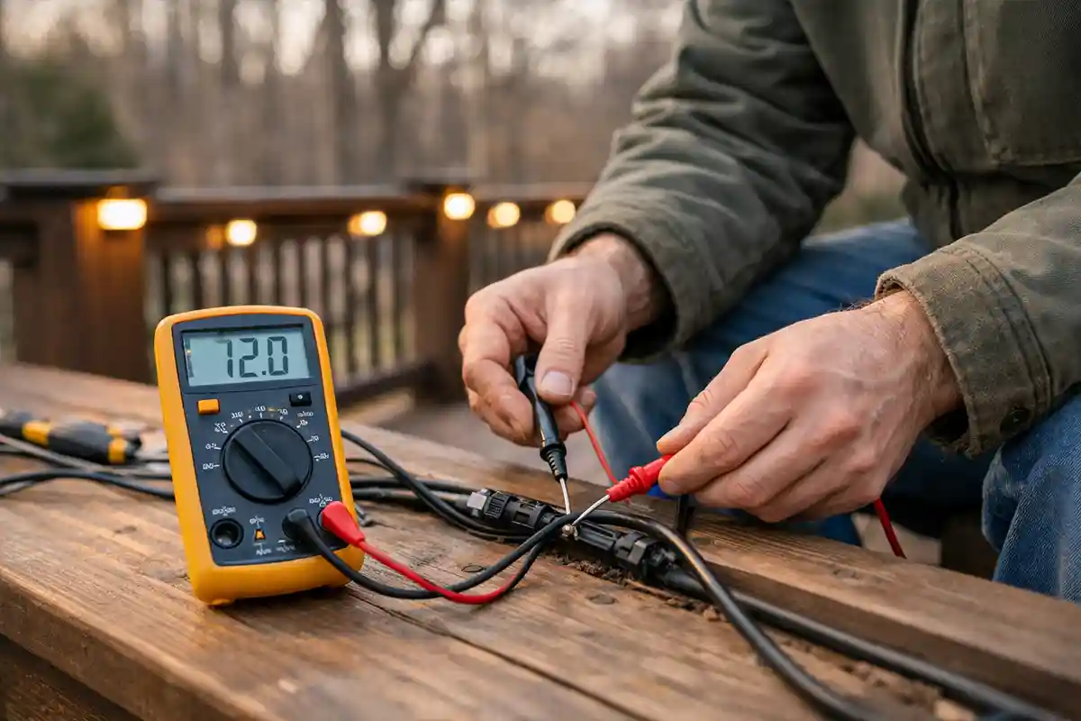 Testing voltage on deck lighting wiring using a multimeter.