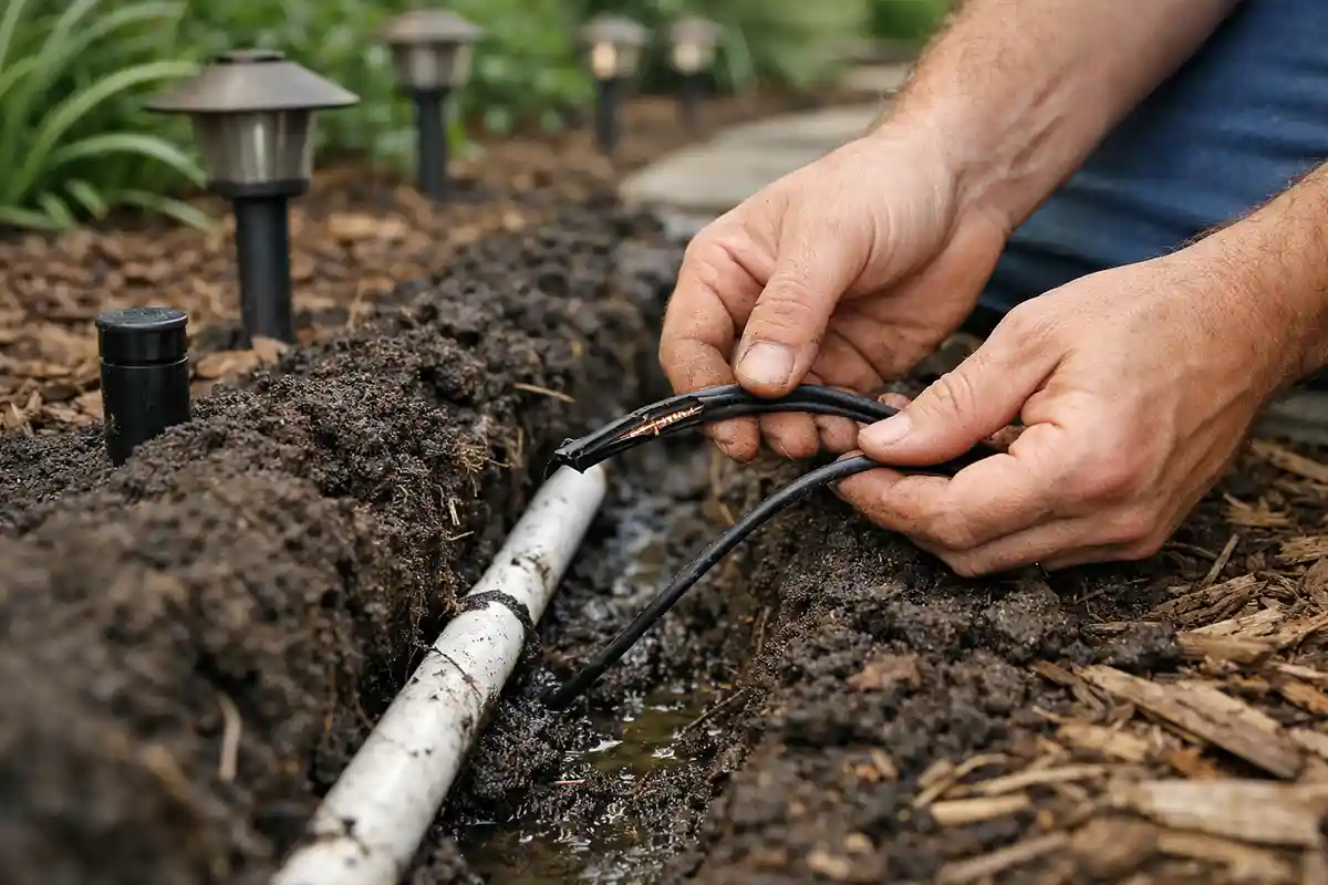 Damaged underground landscape lighting cable discovered beside sprinkler irrigation pipe.