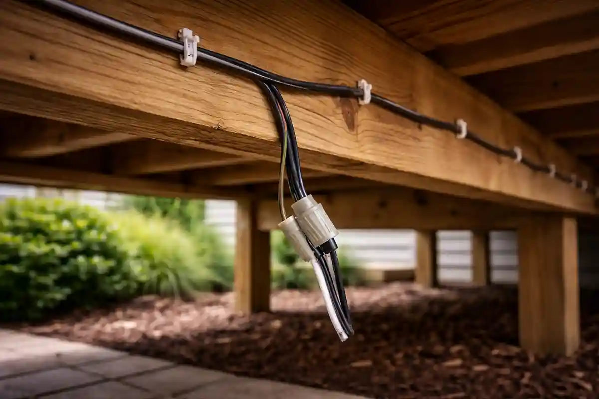 Low-voltage landscape lighting wire splice hanging loosely beneath a wooden backyard deck, connector unsupported and cables sagging between joists in daylight.