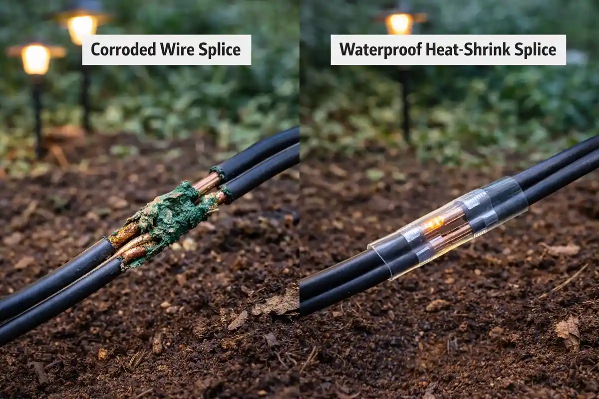 Comparison between corroded outdoor wire splice and properly sealed waterproof splice.