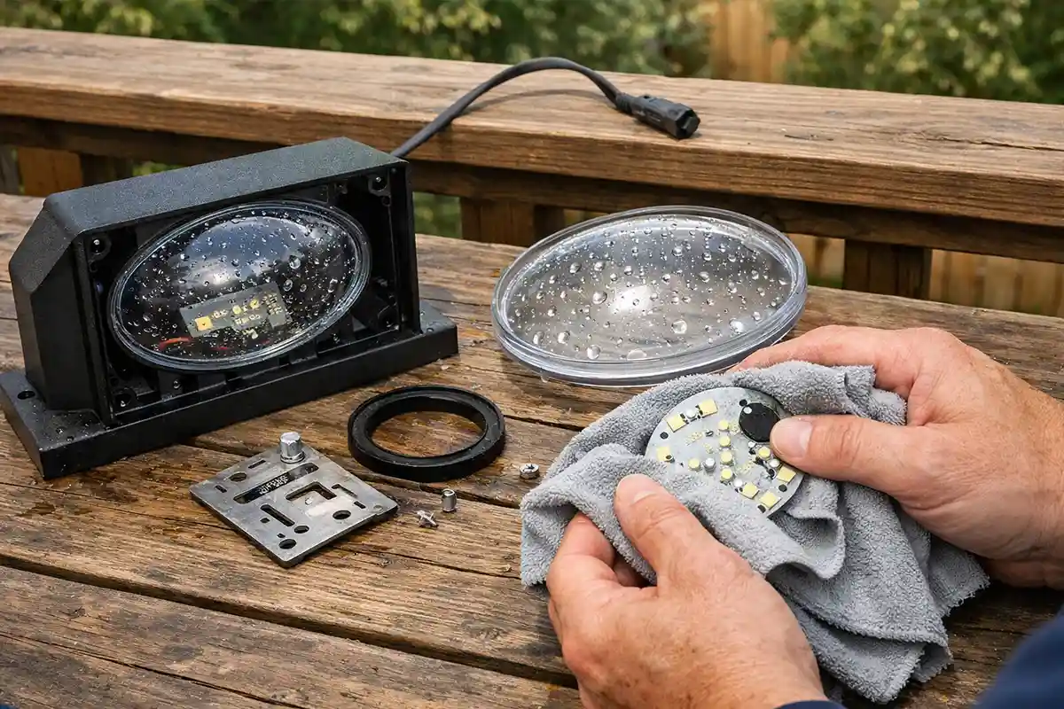 Repairing moisture inside an outdoor deck light fixture.