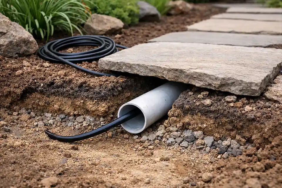 Installing protective conduit for landscape lighting cable beneath a walkway.
