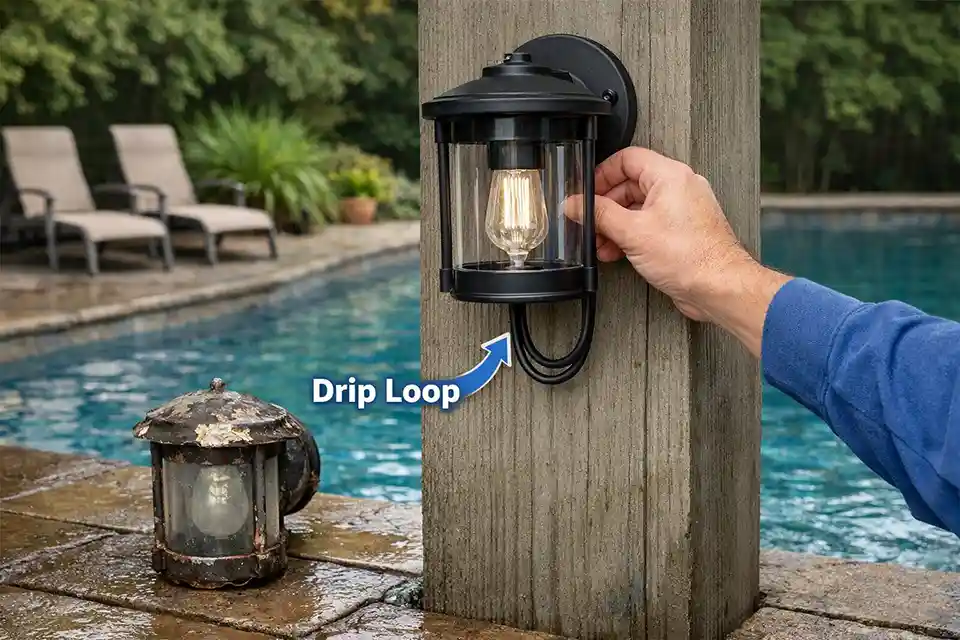 Replacement of a corroded poolside outdoor light with a higher-mounted wet-location fixture and a proper drip loop