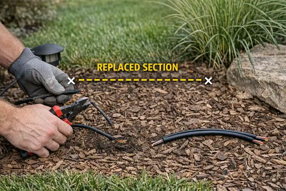 Technician replacing a brittle aging outdoor lighting cable section with new direct-burial cable