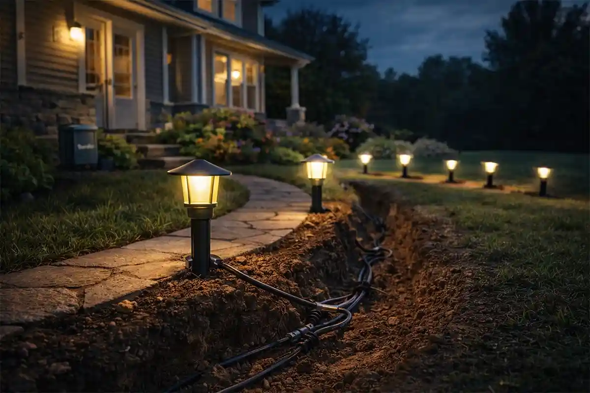 Outdoor landscape lighting along a curved walkway showing dim lights at the end of the line due to voltage drop.