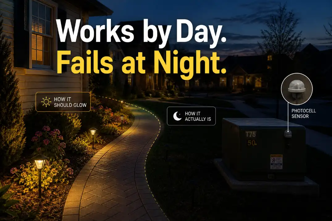 Outdoor landscape lights off after sunset with nearby transformer and photocell showing a day-to-night failure problem.
