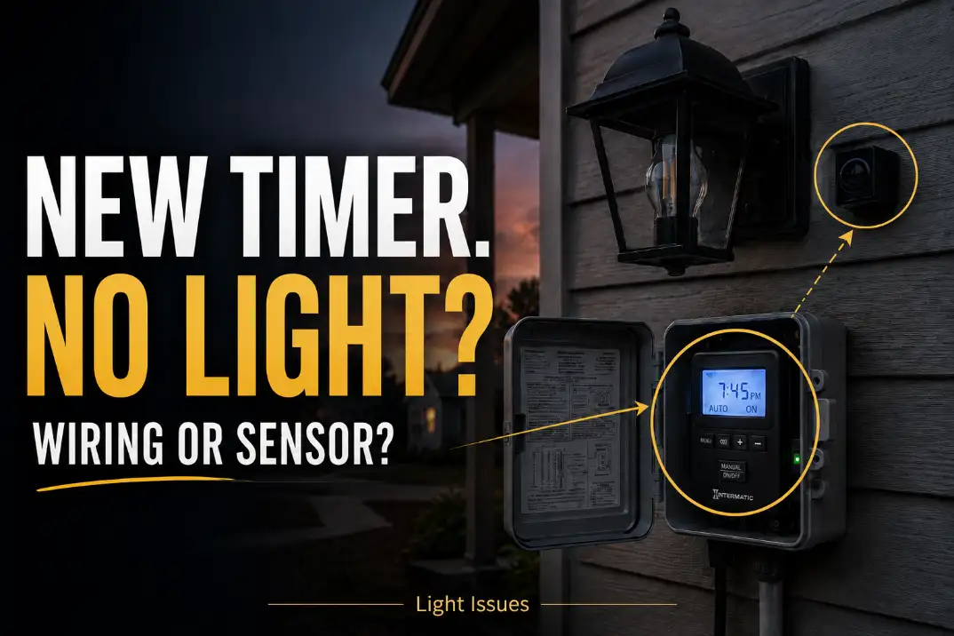 Outdoor wall light not turning on after timer and photocell installation with powered timer, visible photocell, and bold cover text overlay
