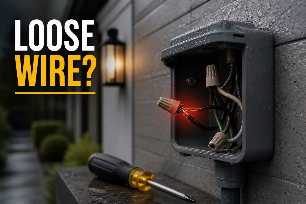 Loose outdoor wiring connection inside a weatherproof junction box with exposed copper highlighted.