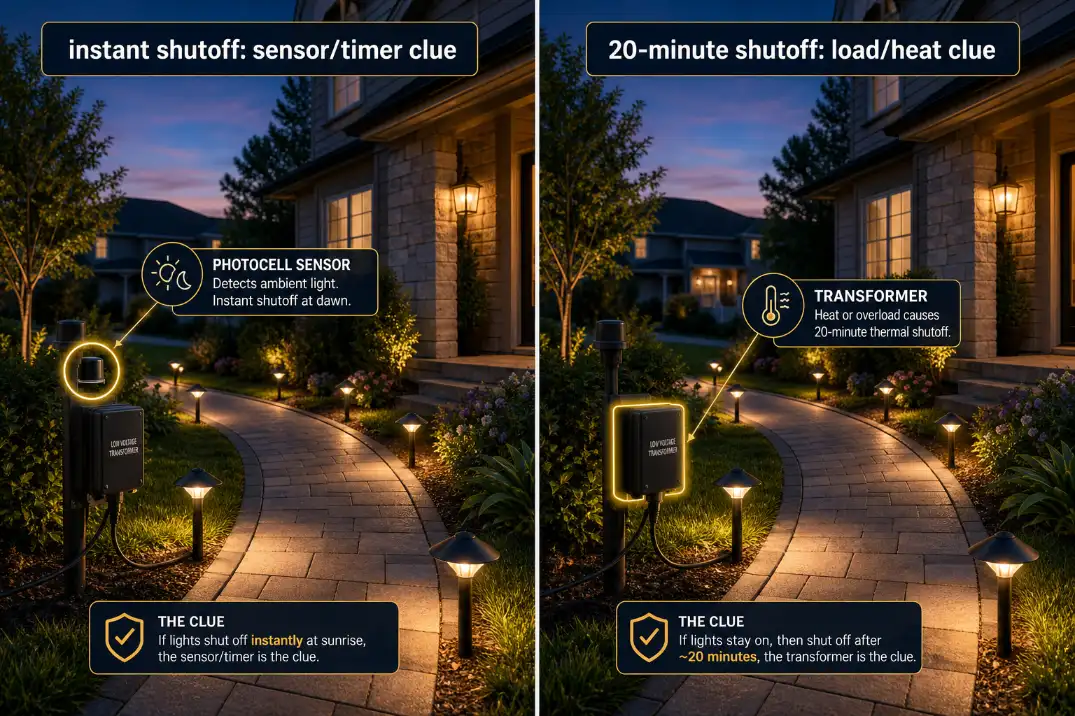 Comparison of instant dusk shutoff and delayed outdoor light shutoff showing photocell and transformer clues.