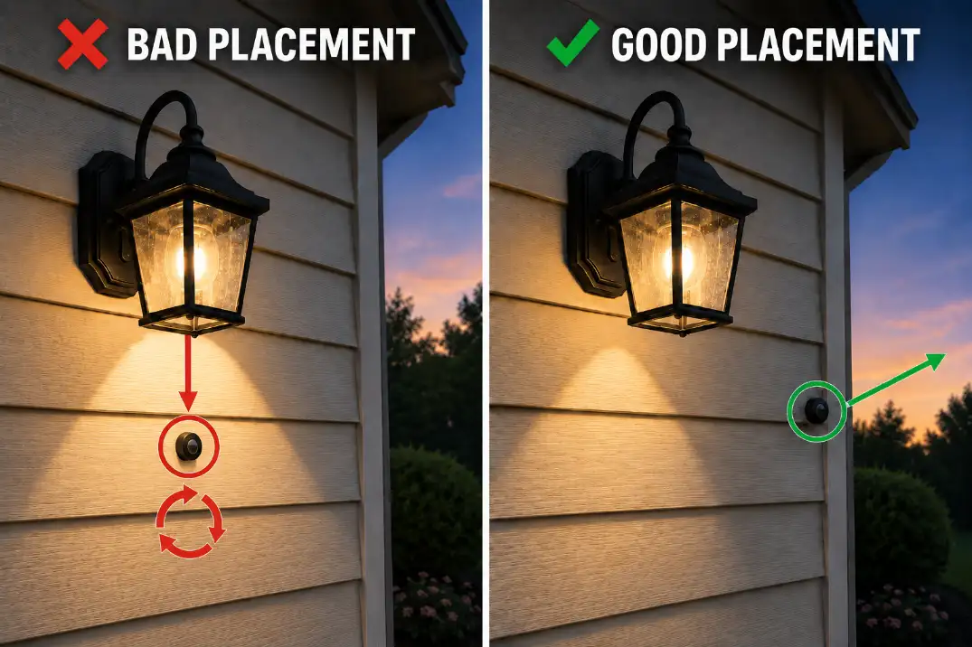 Comparison showing incorrect and correct photocell placement for an outdoor light that will not turn on at dusk